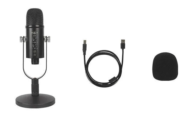 Black USB condenser microphone on metal base with sponge cover for live streaming and recording