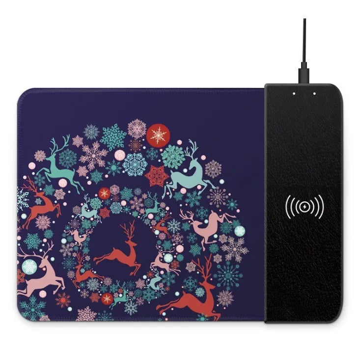 Wireless charging mouse pad with cartoon design showing RGB lighting and USB cable connection