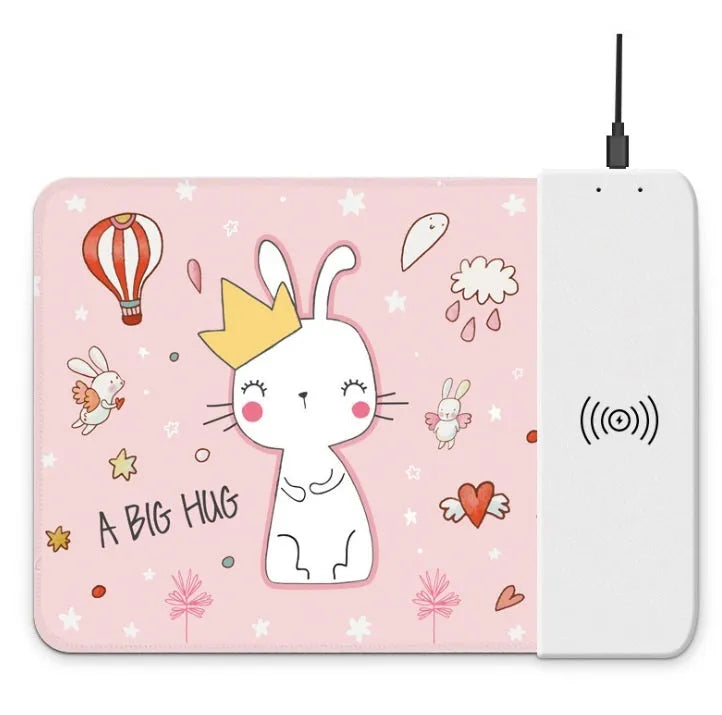 Wireless charging mouse pad with cartoon design showing RGB lighting and USB cable connection