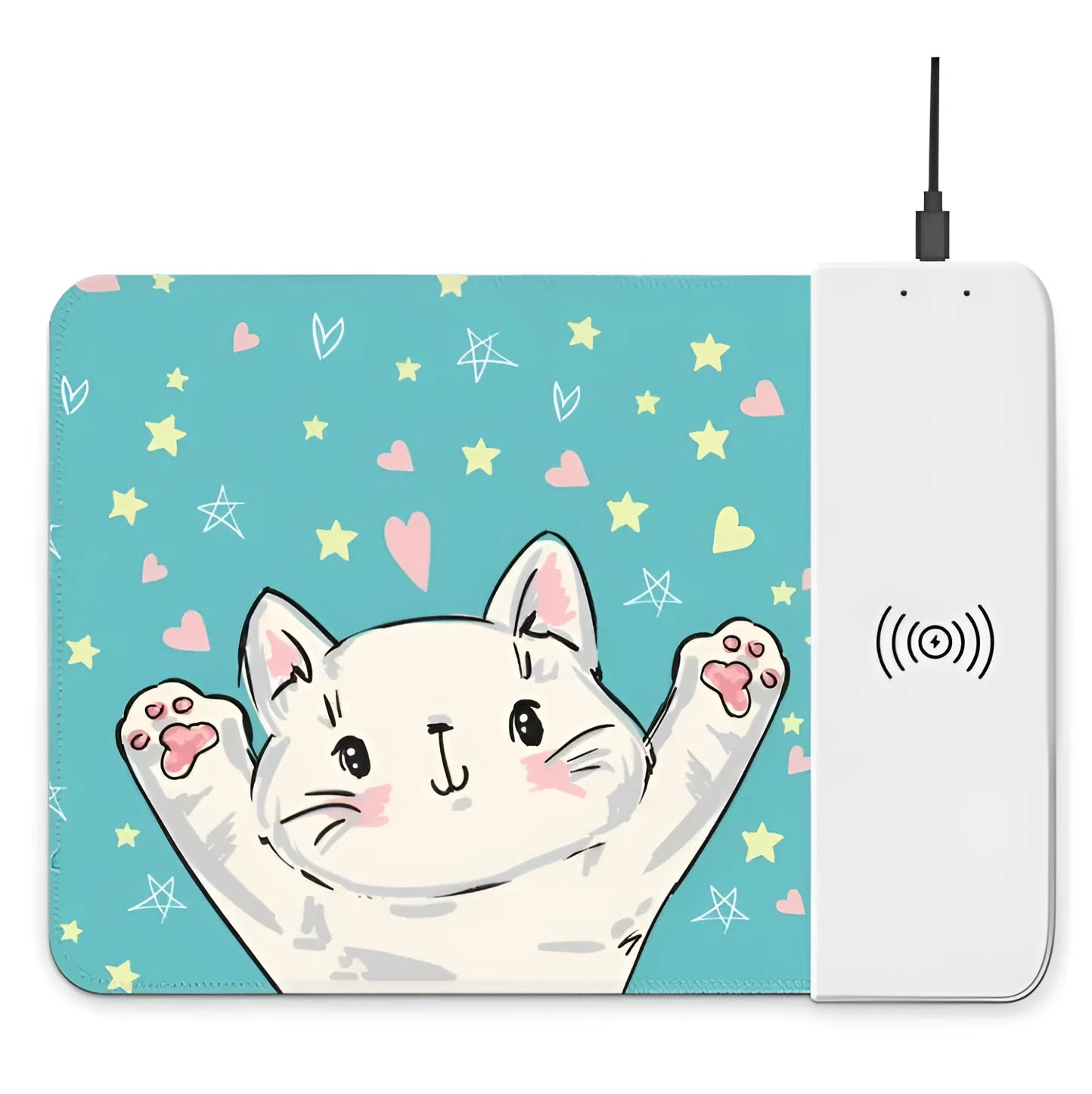 Wireless charging mouse pad with cartoon design showing RGB lighting and USB cable connection