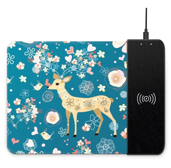 Wireless charging mouse pad with cartoon design showing RGB lighting and USB cable connection
