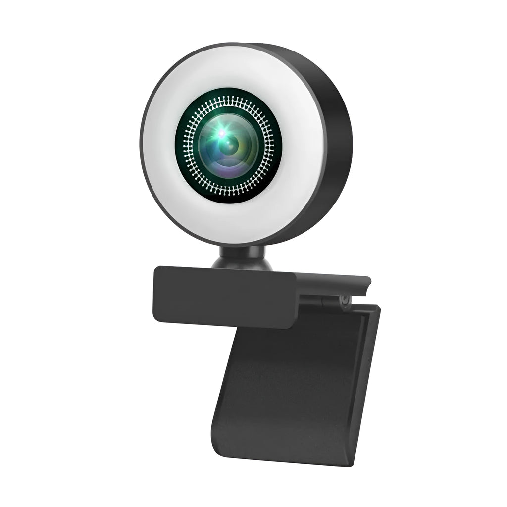 USB computer webcam with built-in ring of LED lights around the lens on a black ABS plastic housing.