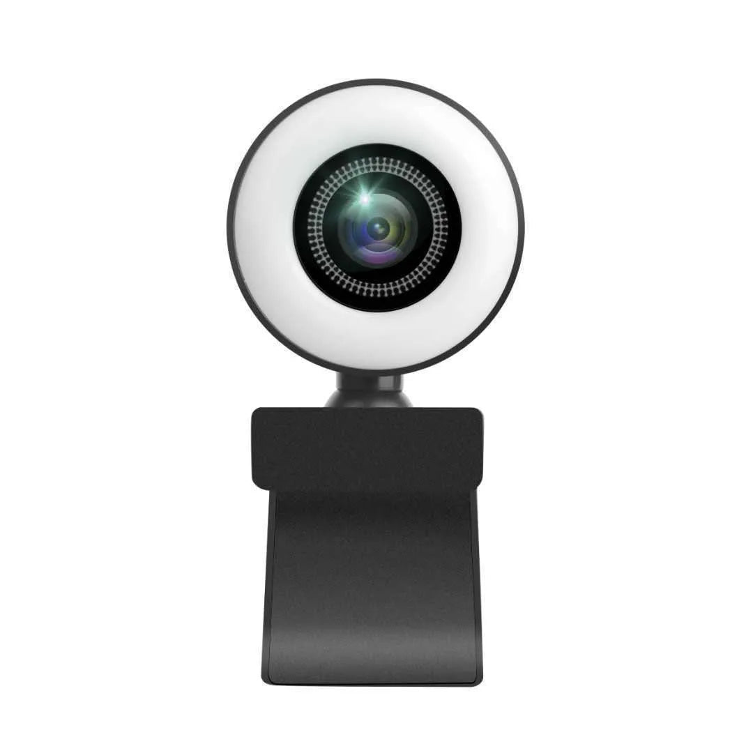USB computer webcam with built-in ring of LED lights around the lens on a black ABS plastic housing.