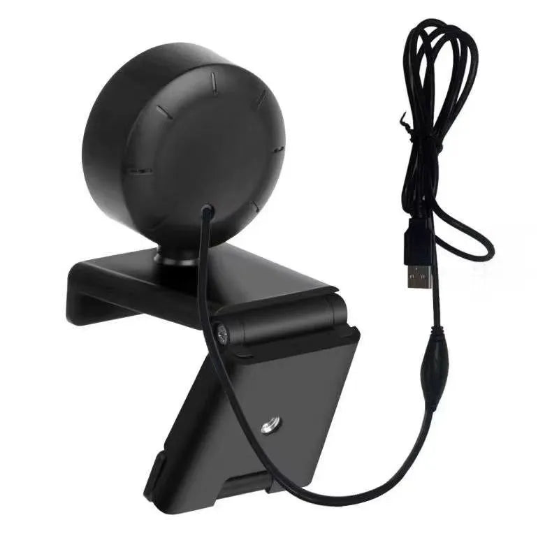 USB computer webcam with built-in ring of LED lights around the lens on a black ABS plastic housing.