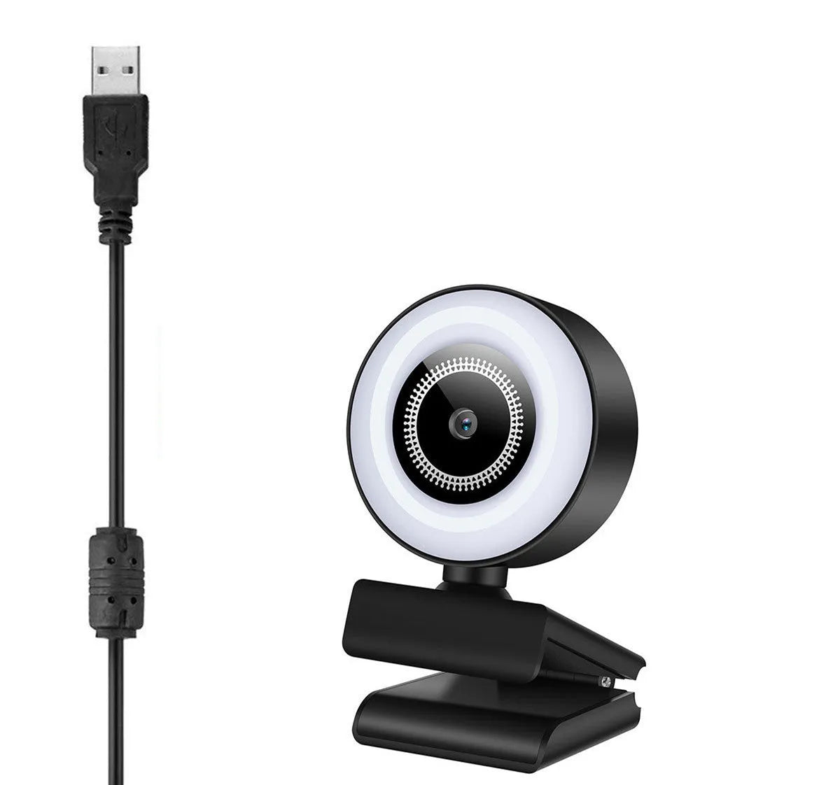 USB computer webcam with built-in ring of LED lights around the lens on a black ABS plastic housing.