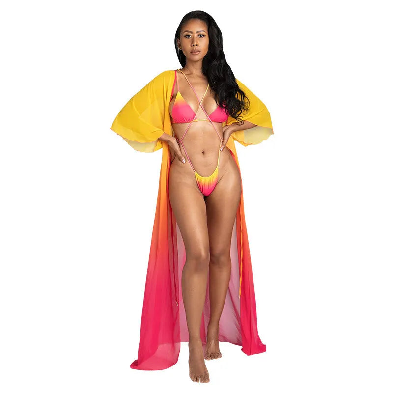 Sexy gradient two-piece split swimsuit backless polyester bikini with removable padding in swimsuit colour