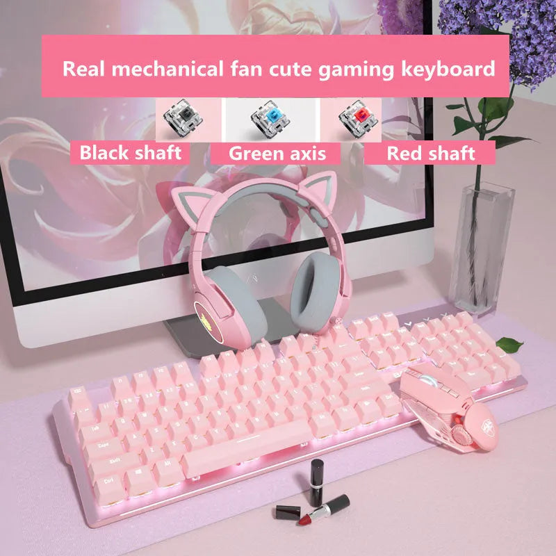 Pink mechanical keyboard and wired mouse gaming peripheral set on desk
