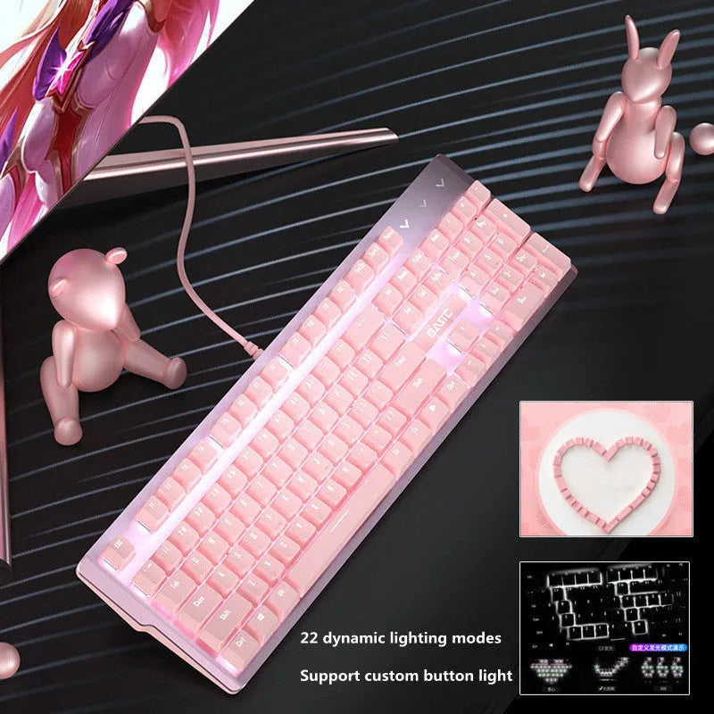 Pink mechanical keyboard and wired mouse gaming peripheral set on desk