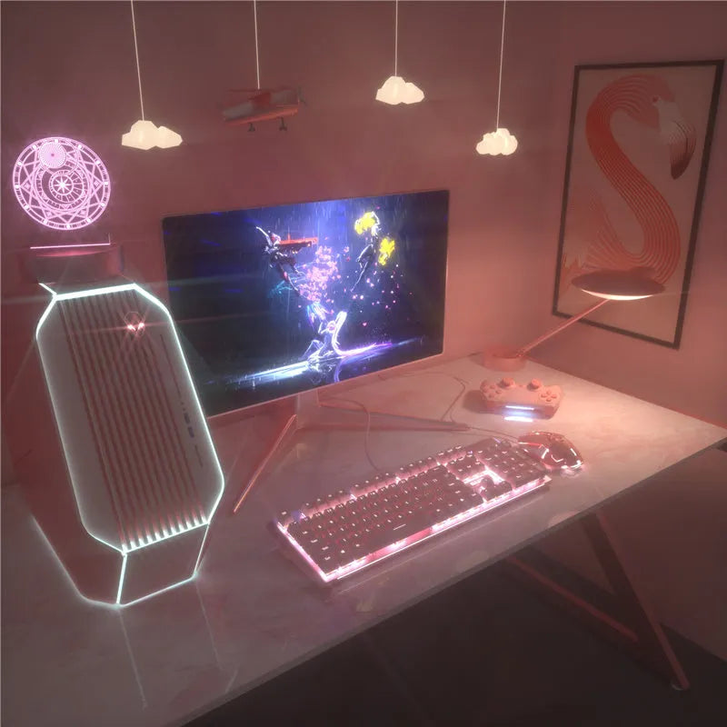 Pink mechanical keyboard and wired mouse gaming peripheral set on desk