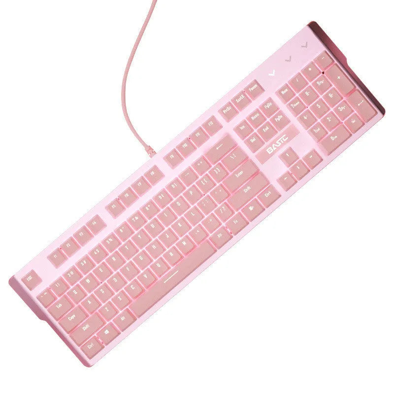 Pink mechanical keyboard and wired mouse gaming peripheral set on desk