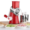Blue multi-function vegetable chopper with suction cup base for slicing dicing and grating.