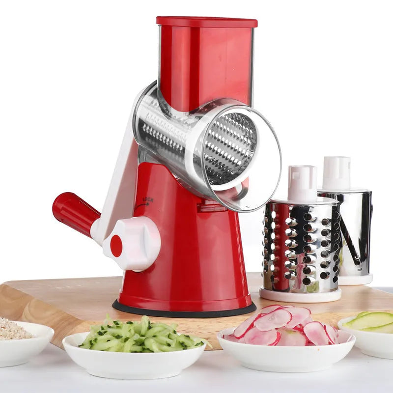 Blue multi-function vegetable chopper with suction cup base for slicing dicing and grating.