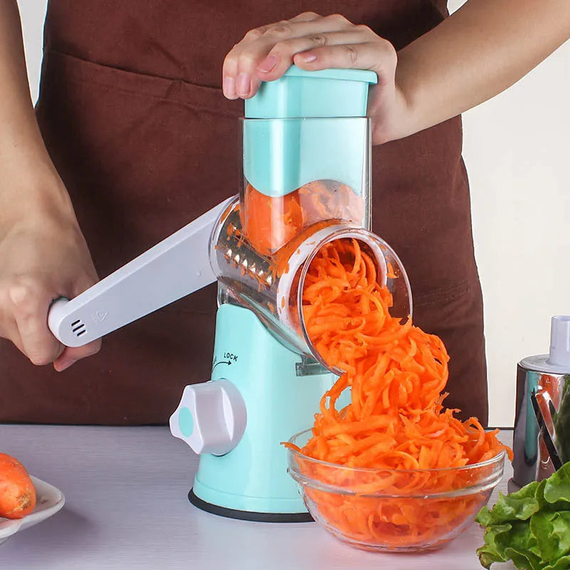 Blue multi-function vegetable chopper with suction cup base for slicing dicing and grating.