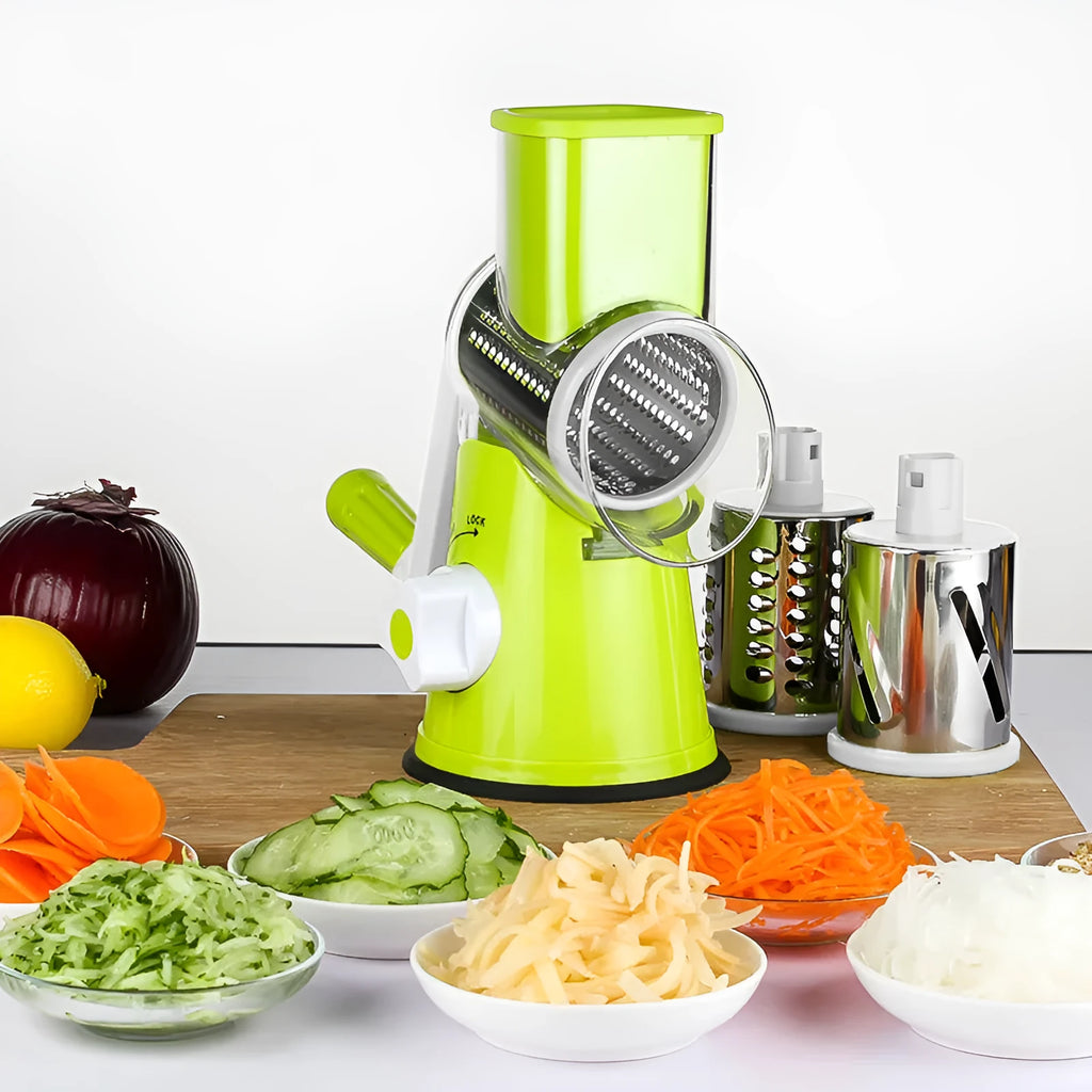 Blue multi-function vegetable chopper with suction cup base for slicing dicing and grating.