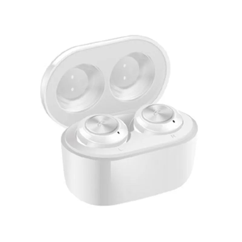 Black and white A6 noise cancelling TWS Bluetooth headphones with earplug design