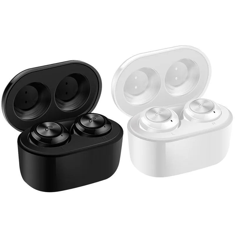 Black and white A6 noise cancelling TWS Bluetooth headphones with earplug design