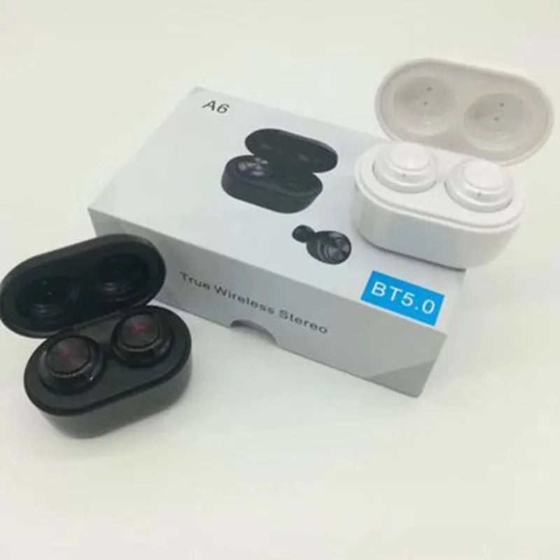 Black and white A6 noise cancelling TWS Bluetooth headphones with earplug design