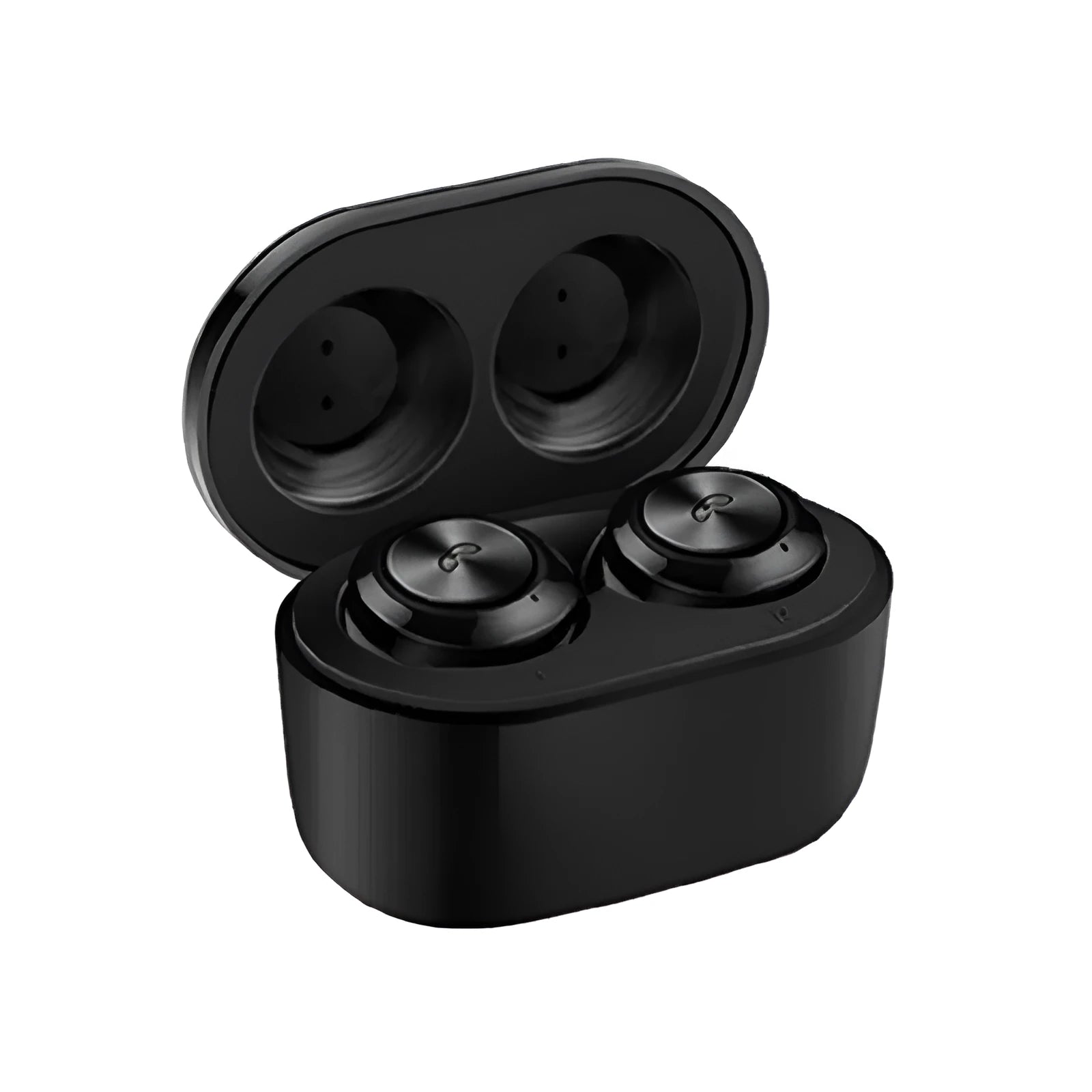 Black and white A6 noise cancelling TWS Bluetooth headphones with earplug design