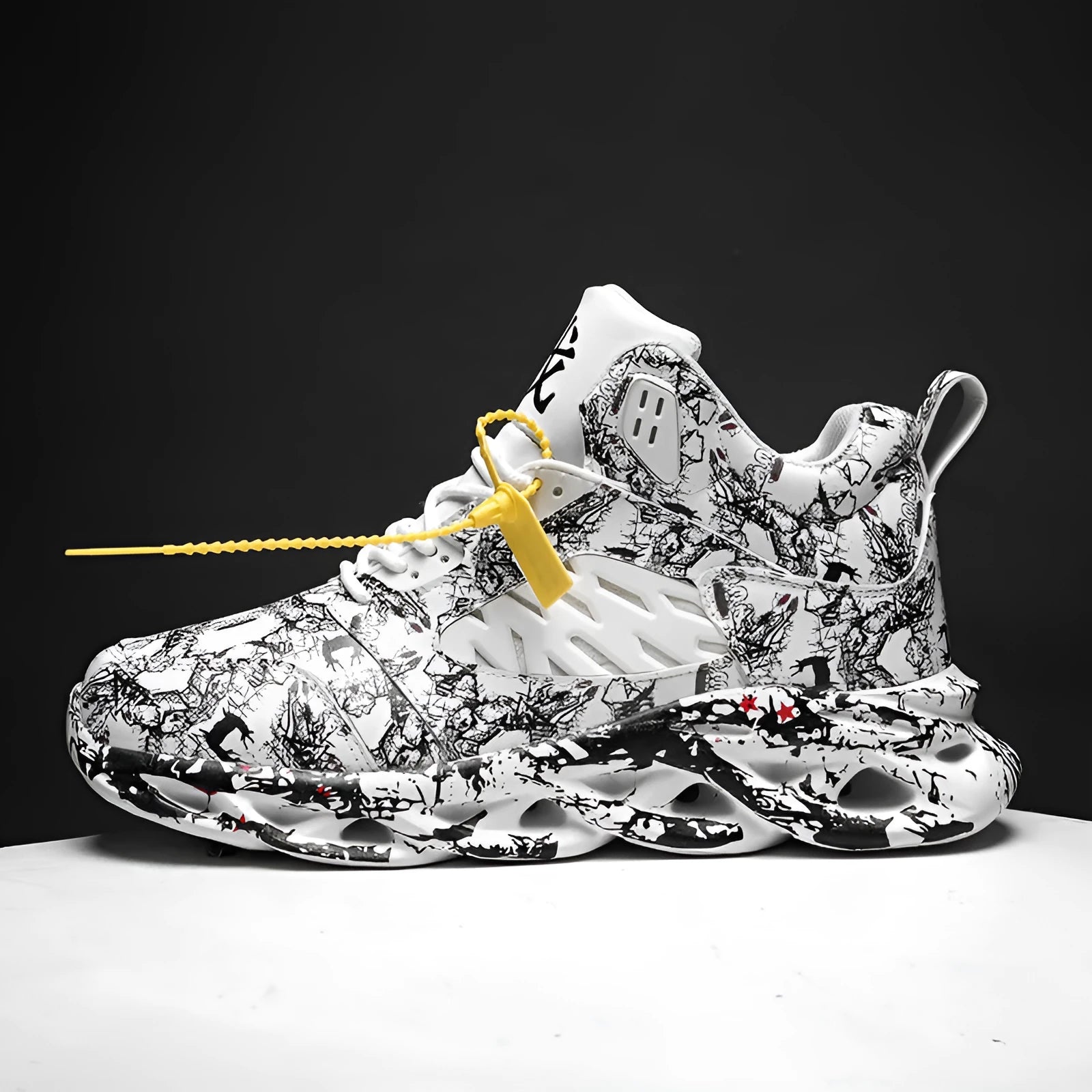 Men's high-top camouflage basketball shoes in black, shown with a rubber sole and microfiber upper.
