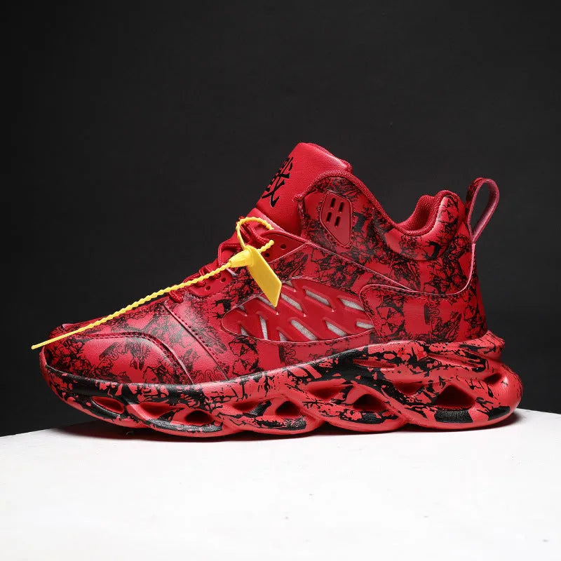 Men's high-top camouflage basketball shoes in black, shown with a rubber sole and microfiber upper.