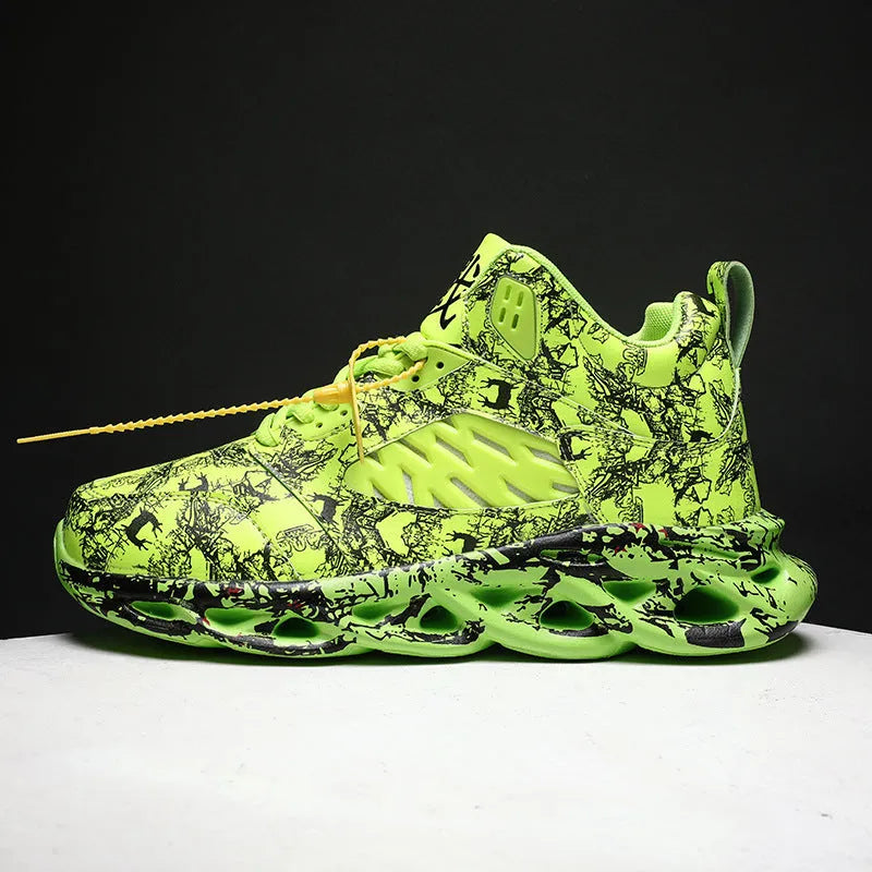 Men's high-top camouflage basketball shoes in black, shown with a rubber sole and microfiber upper.