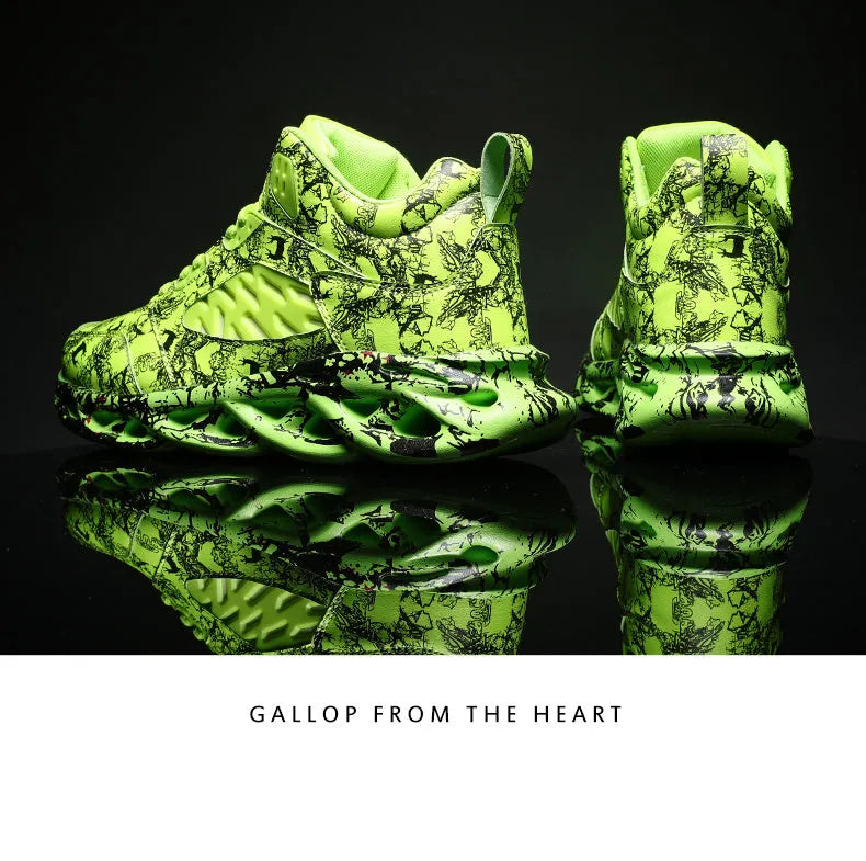 Men's high-top camouflage basketball shoes in black, shown with a rubber sole and microfiber upper.