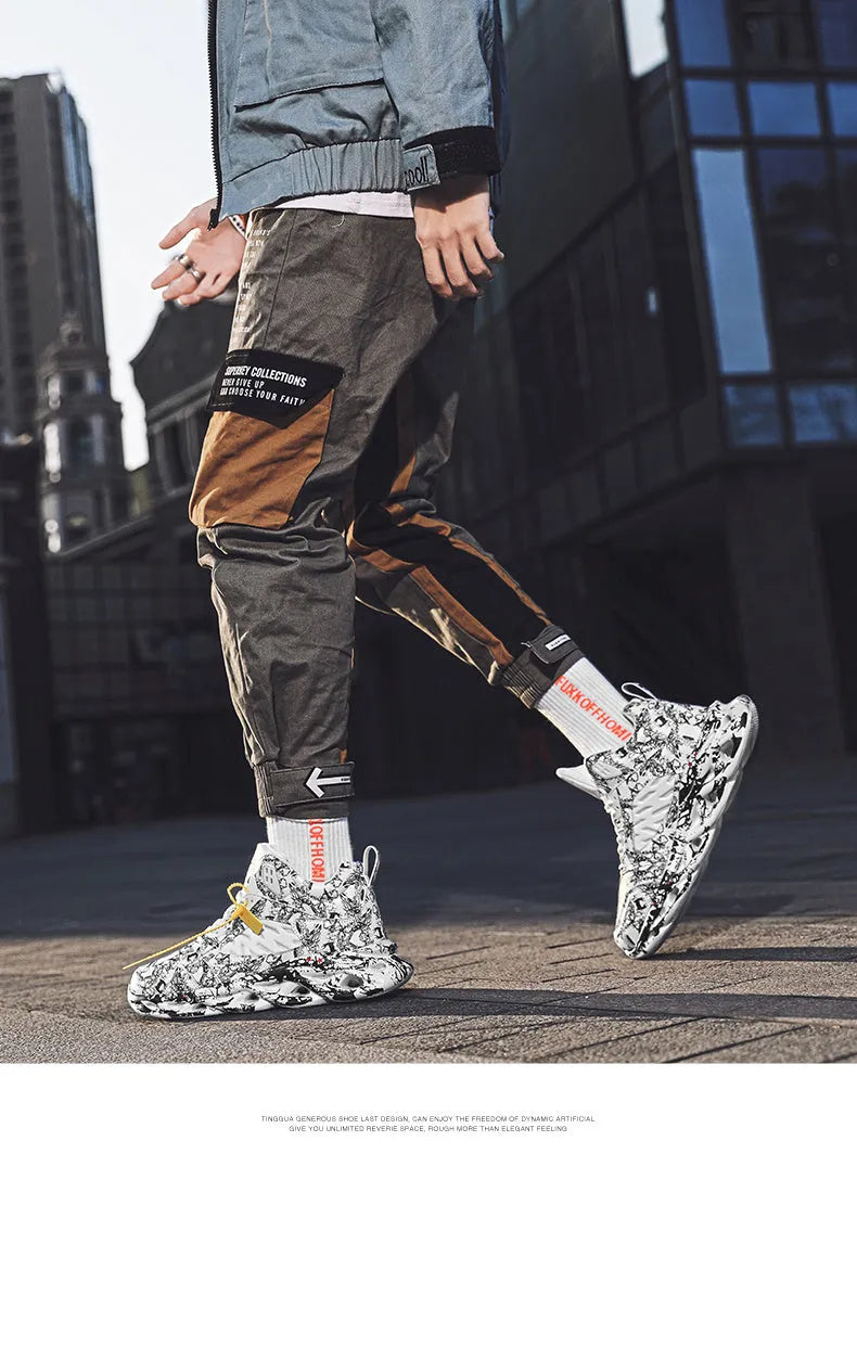 Men's high-top camouflage basketball shoes in black, shown with a rubber sole and microfiber upper.