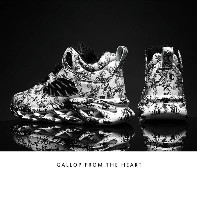 Men's high-top camouflage basketball shoes in black, shown with a rubber sole and microfiber upper.