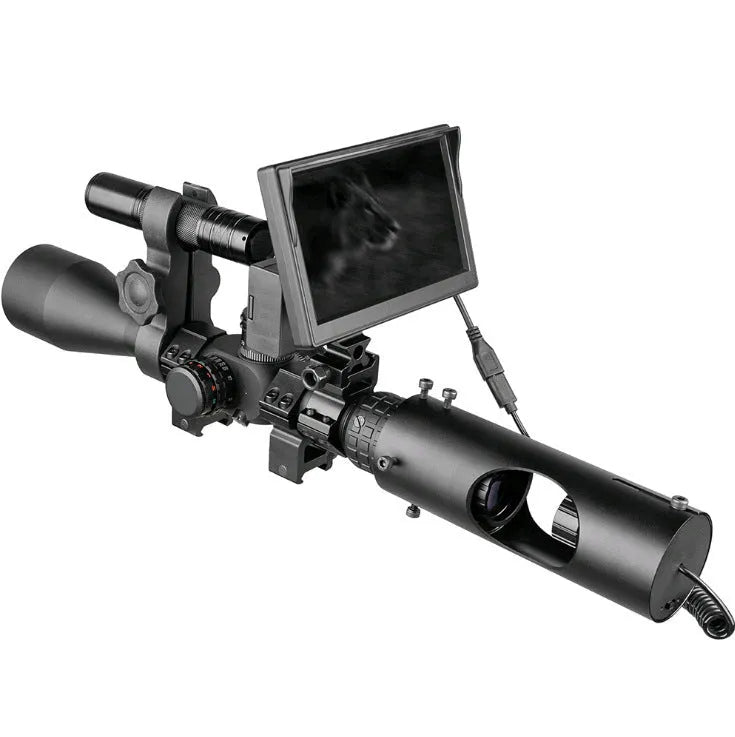 Black digital night vision goggles with a 5-inch LCD screen and large objective lens.
