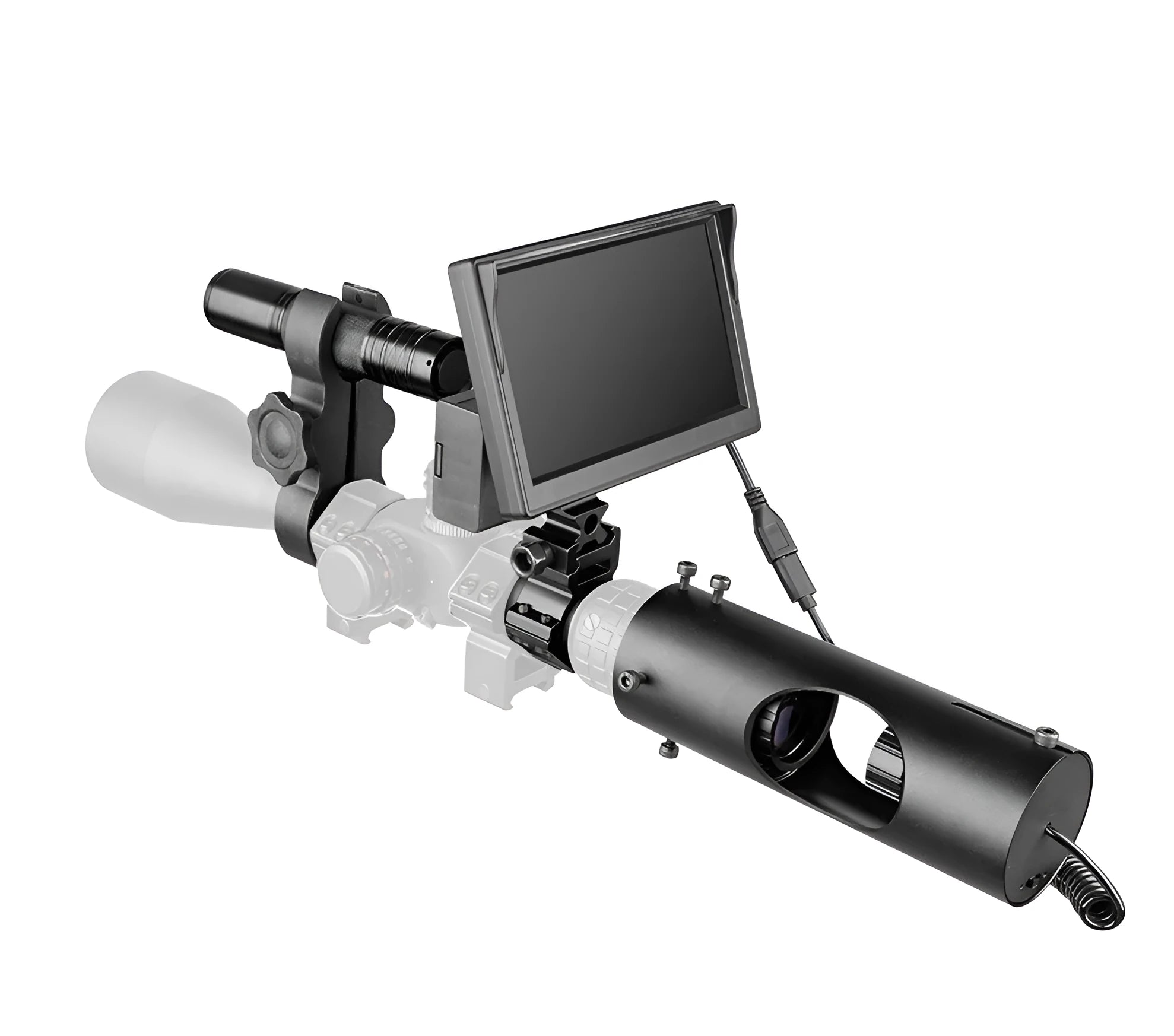 Black digital night vision goggles with a 5-inch LCD screen and large objective lens.