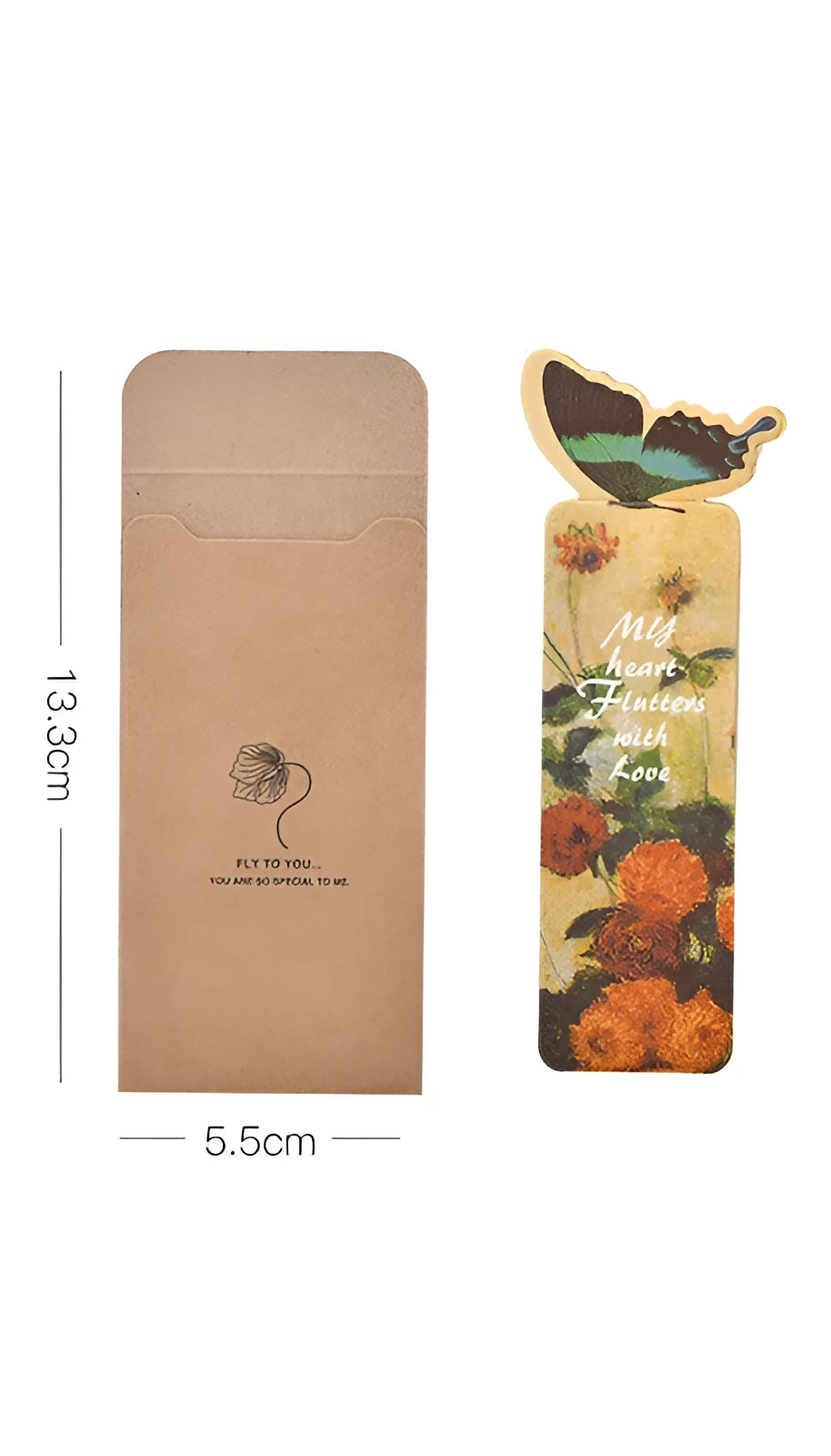 A paper butterfly bookmark measuring 13.5 by 5.5 centimetres.