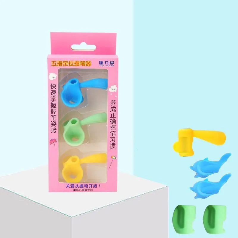 Children's writing orthosis with pen holders for kindergarten writing development showing finger placement guidance