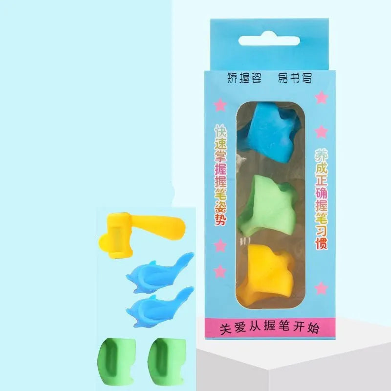 Children's writing orthosis with pen holders for kindergarten writing development showing finger placement guidance