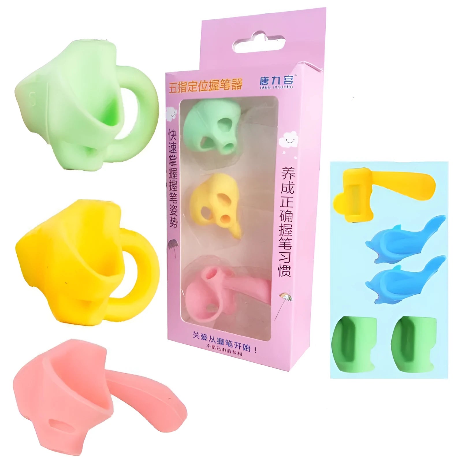 Children's writing orthosis with pen holders for kindergarten writing development showing finger placement guidance