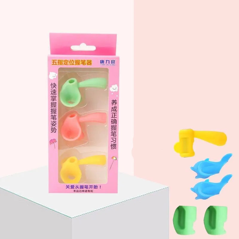 Children's writing orthosis with pen holders for kindergarten writing development showing finger placement guidance