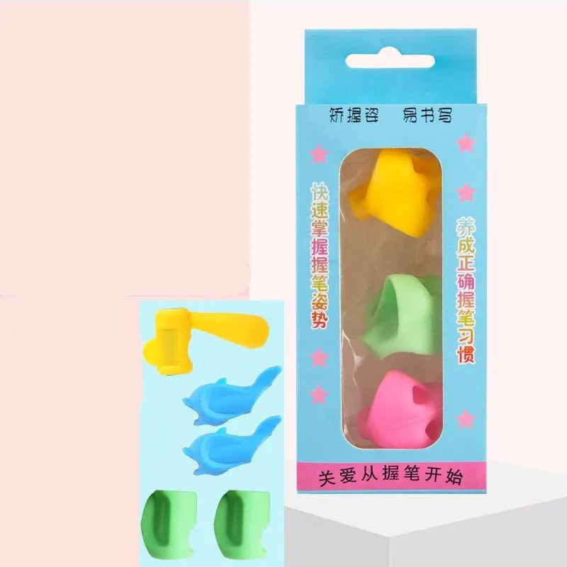 Children's writing orthosis with pen holders for kindergarten writing development showing finger placement guidance