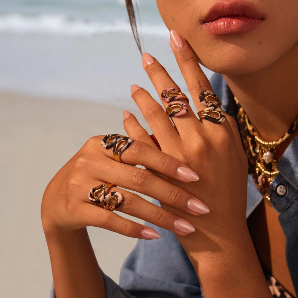 Leopard series stainless steel open mouth ring with geometric heart or star shape design in electroplated colours