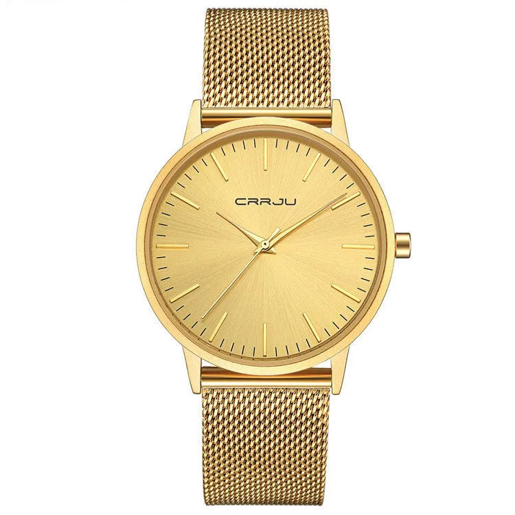 Casual quartz wristwatch with alloy case and choice of black or gold mesh or leather strap.