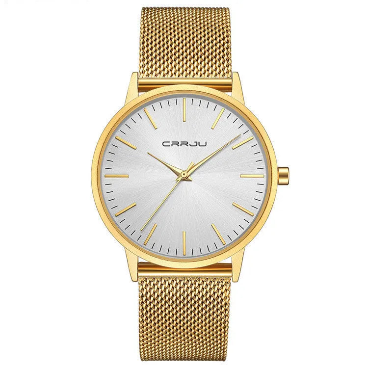 Casual quartz wristwatch with alloy case and choice of black or gold mesh or leather strap.