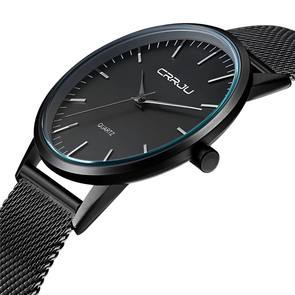 Casual quartz wristwatch with alloy case and choice of black or gold mesh or leather strap.