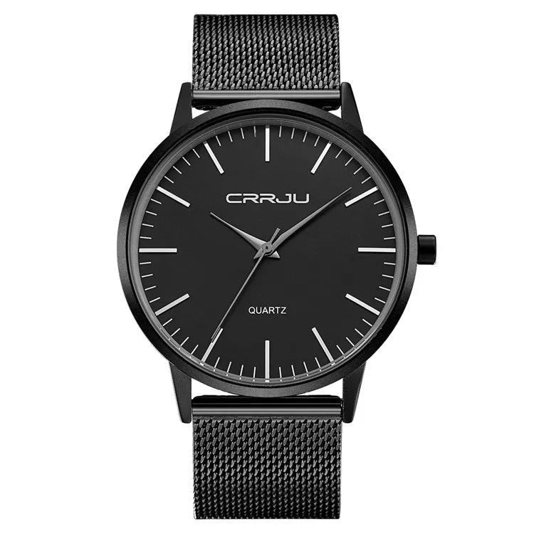 Casual quartz wristwatch with alloy case and choice of black or gold mesh or leather strap.