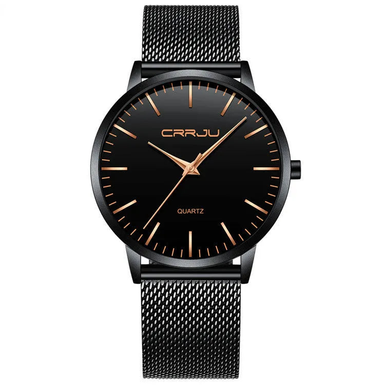 Casual quartz wristwatch with alloy case and choice of black or gold mesh or leather strap.