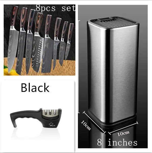 Chef knife with laser Damascus pattern blade, colour steel handle, showing 18cm blade length