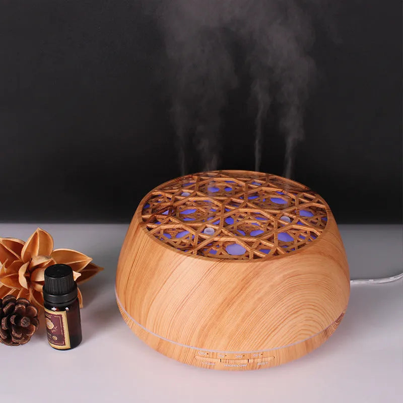 Medium 178x97mm ultrasonic aroma diffuser with four-hole mist output, 400ml capacity, dark wood grain finish, timer controls
