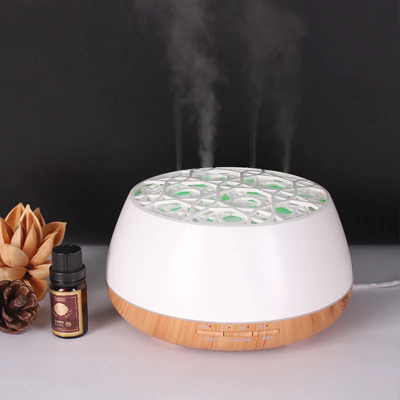 Medium 178x97mm ultrasonic aroma diffuser with four-hole mist output, 400ml capacity, dark wood grain finish, timer controls