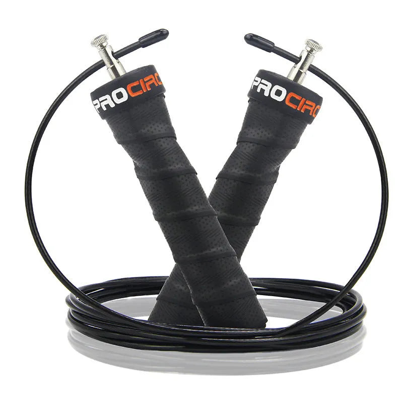 PROCIRCLE foam skipping rope with bearing mechanism, 160g weight block, black handle, on grey background
