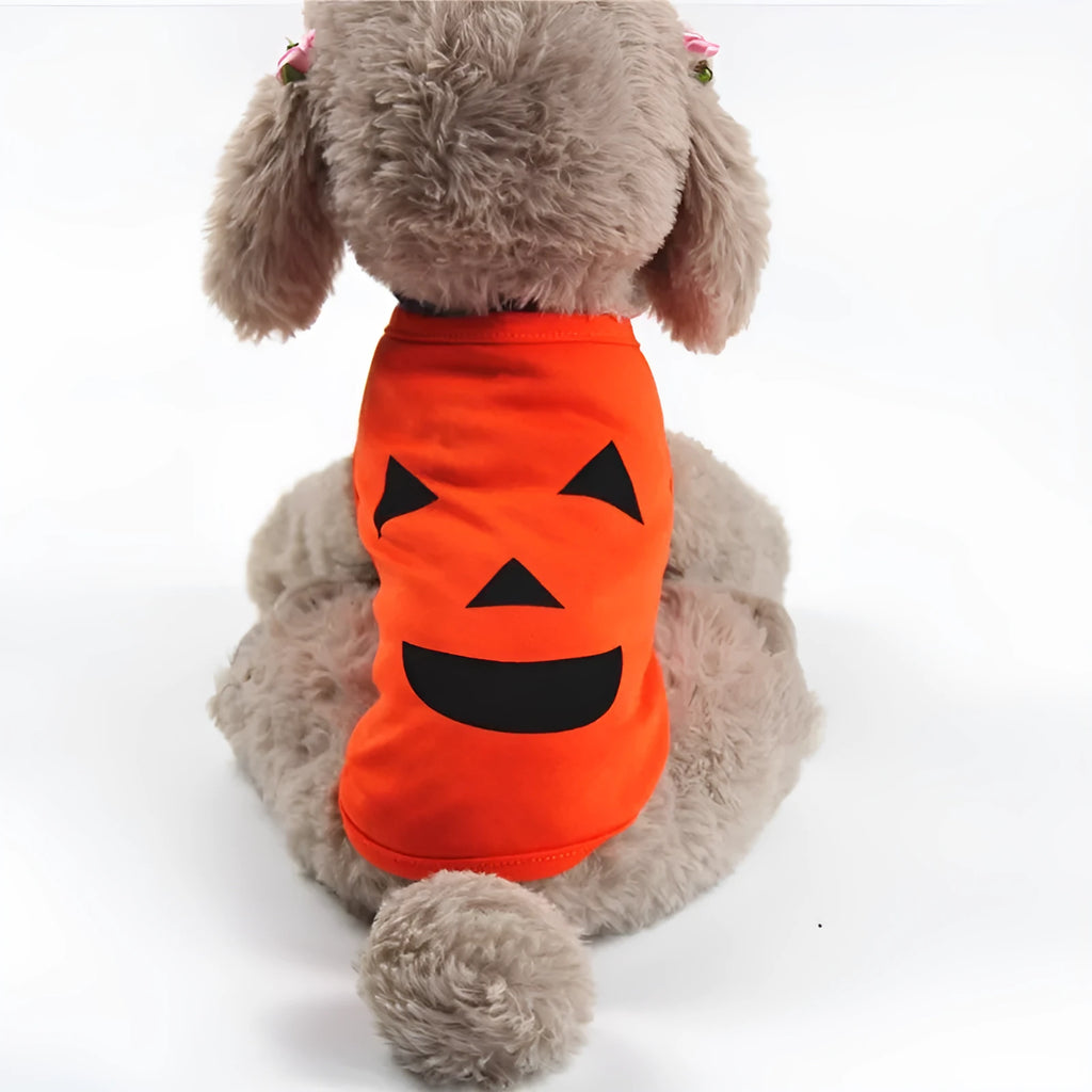 Orange Halloween pet pumpkin clothes shirt with Smiley face, suitable for small dogs and cats, made from breathable cloth fabric.