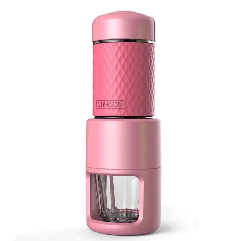 Portable manual espresso coffee machine in stainless steel, 7x7x20.3 cm, available in multiple colours