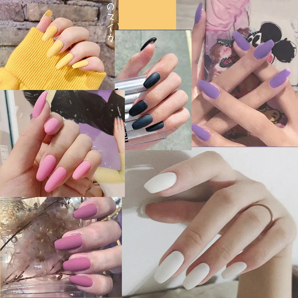 Frosted waterproof fake nails from Alice brand in three colours on a table