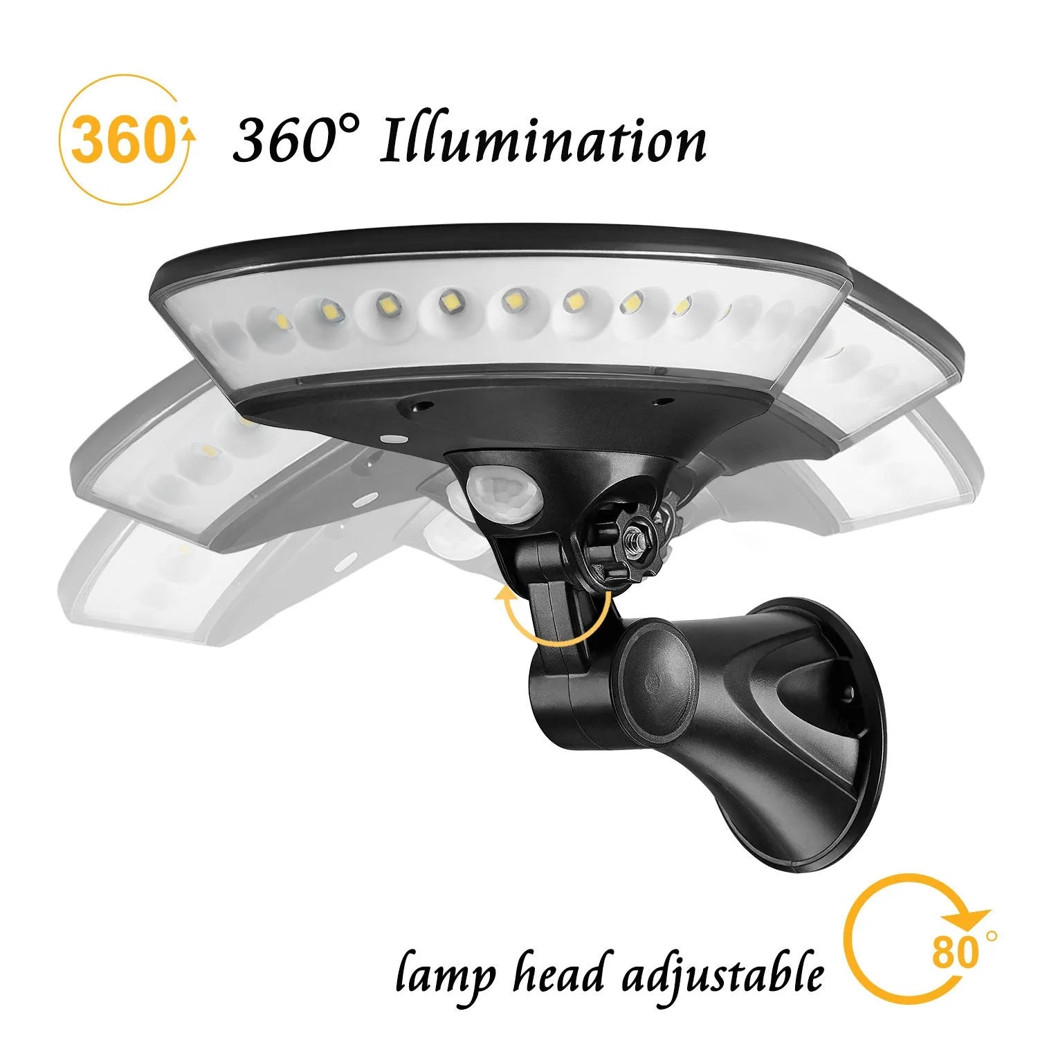 360-degree solar-powered outdoor light with motion sensor in ABS housing for garden installation